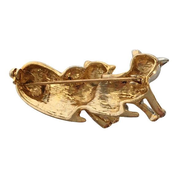 Cats Brooch Pin Silver & Gold Tone Laying Black Eyes Vintage Costume Jewelry 2" - Picture 3 of 10